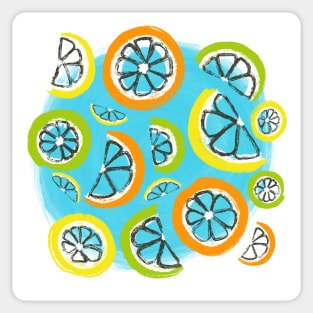 Refreshing orange, lemon, and lime slices on a sky blue painted circle Sticker